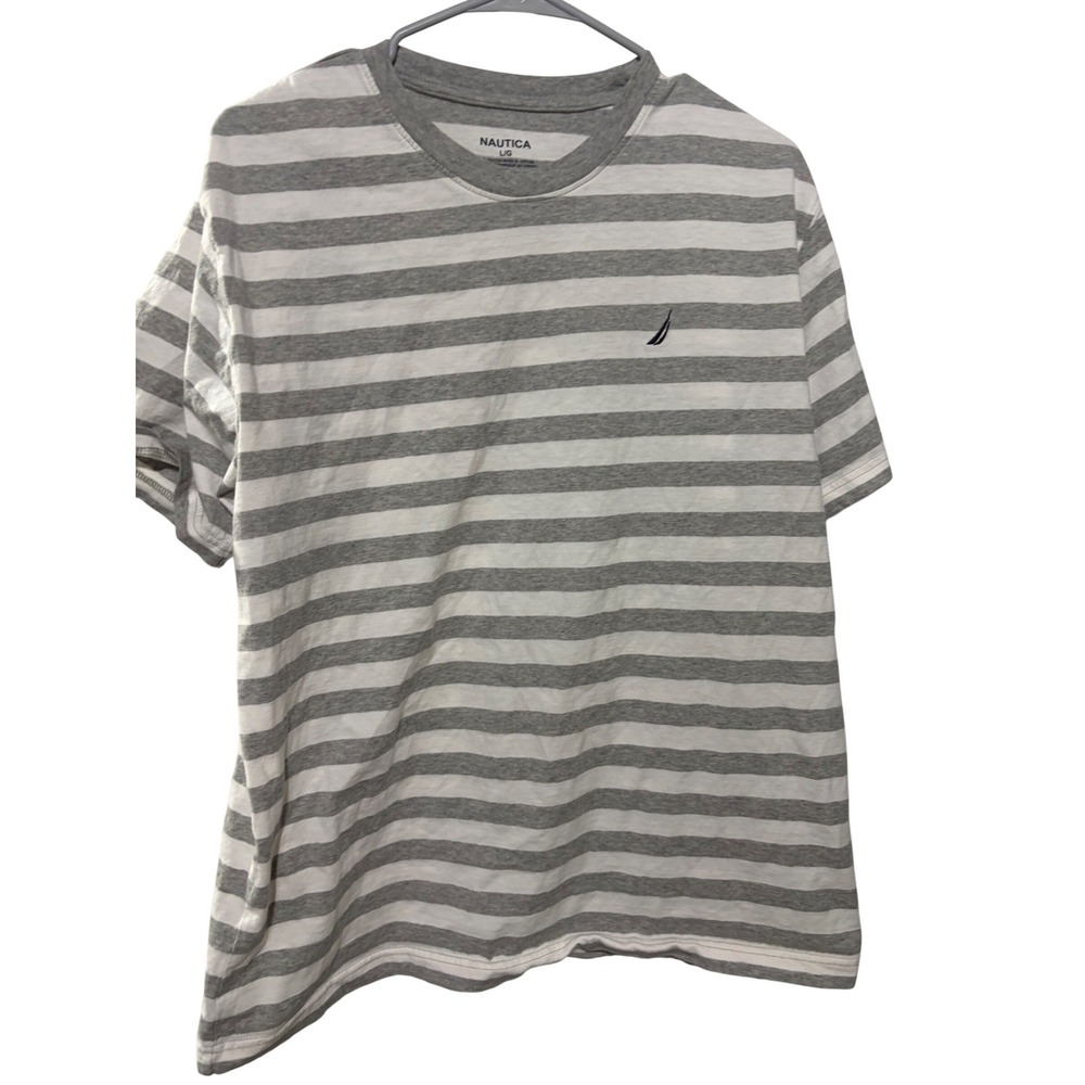 Nautica Mens Large Grey White Striped Short Sleeve Cotton T-Shirt Crewneck Logo